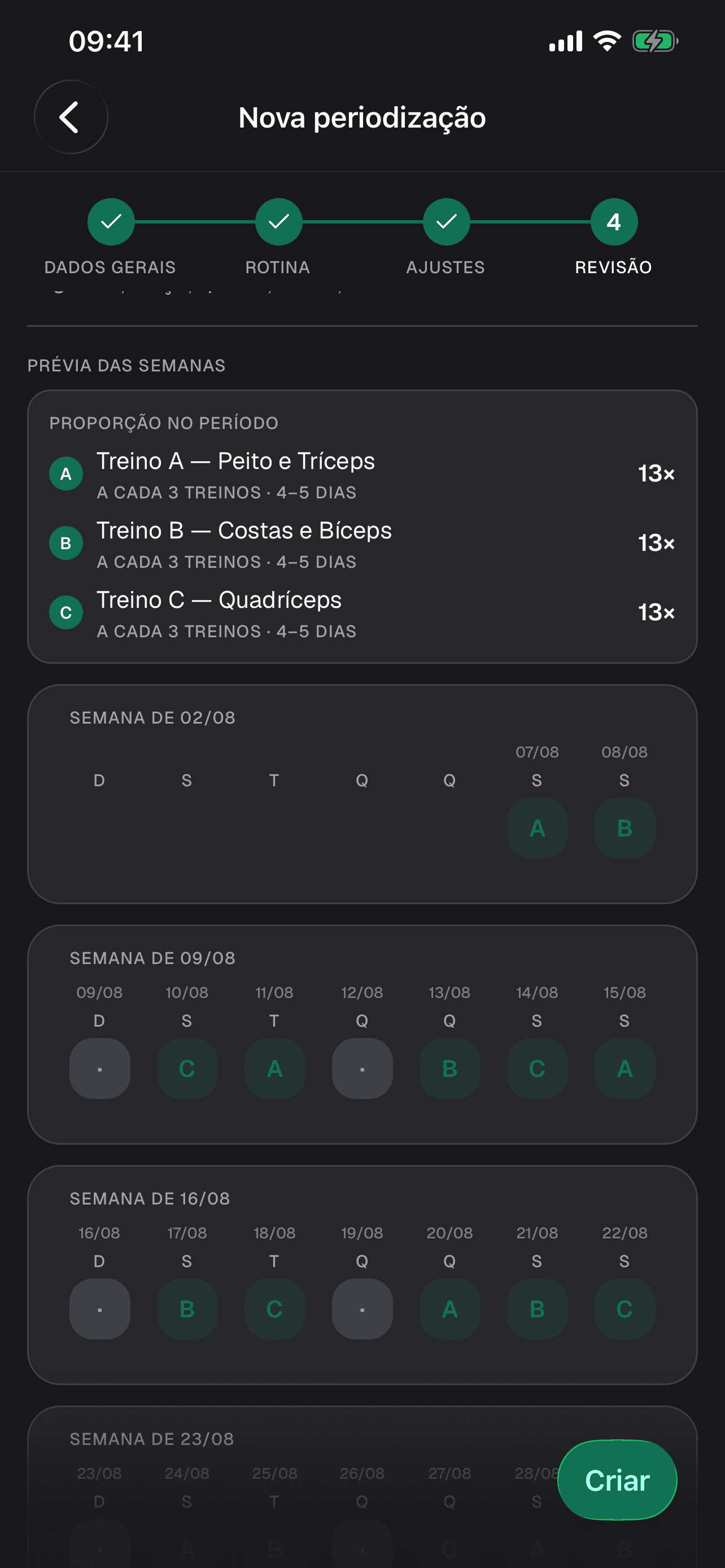 Tela de nova periodização no app, com a prévia das semanas e os treinos A, B e C distribuídos nos dias.